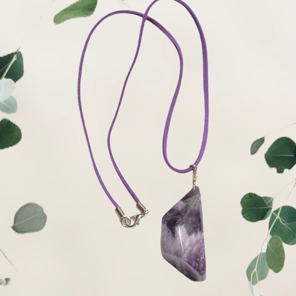 Hand Crafted Amethyst Necklace on Vegan Suede Microfiber Wire Wrapped New - Picture 2 of 7